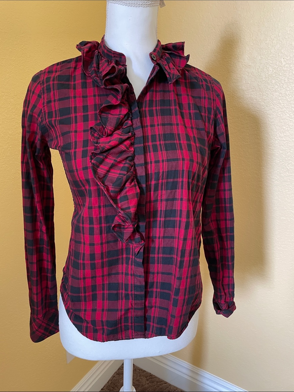 Lauren by Ralph Lauren Cotton Red & Black Plaid Ruffle Button-Down Shirt-SZ P/P